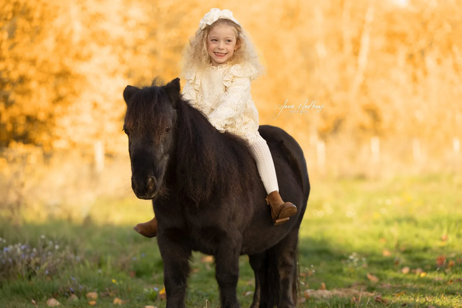 Lachendes Kind im Spitzenkleid auf einem dunklen Pony im goldenen Abendlicht